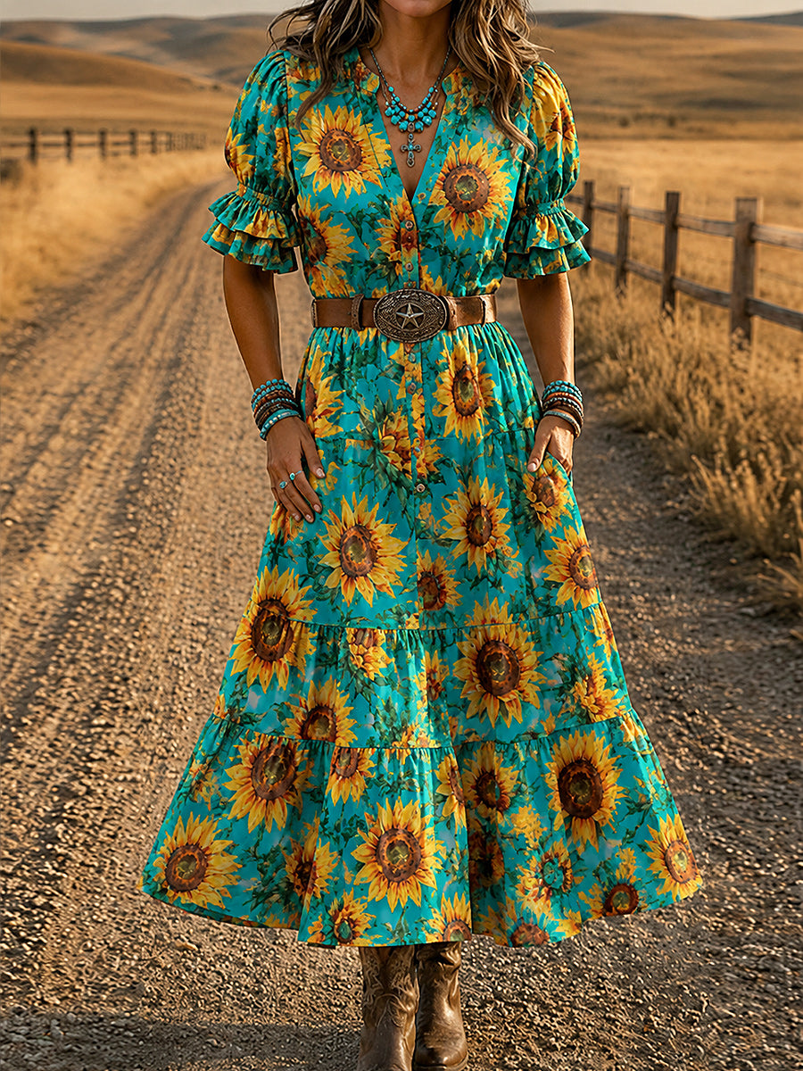 Women's Retro Art Print Washed Cotton Layered Patchwork Midi Dress